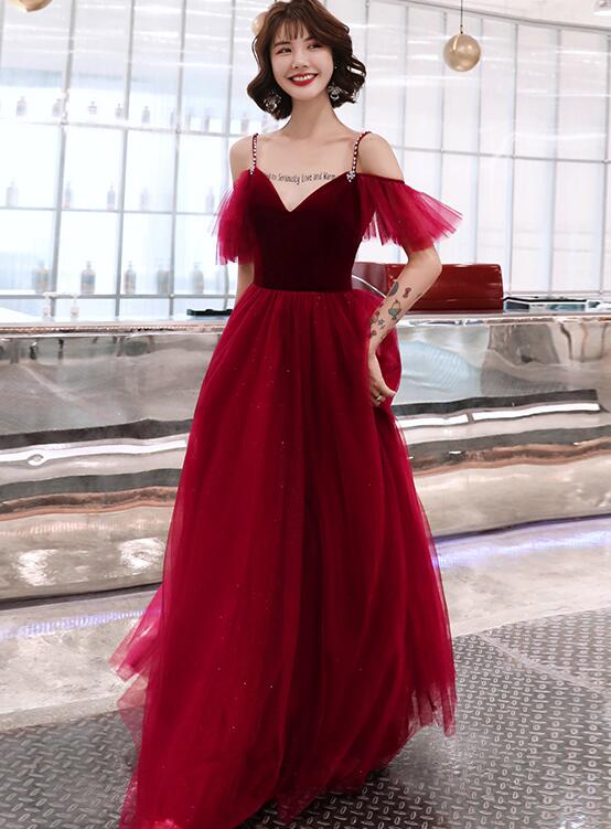 Charming Wine Red Straps Long Evening Party Dresses, A-line Straps Prom Dresses