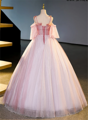 Pink Off Shoulder Tulle with Beadings Long Party Dress, A-line Pink Prom Dress