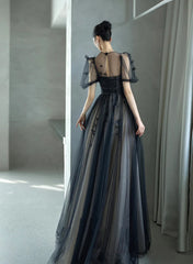 A-line Black Short Sleeves Tulle with Lace Long Party Dress, Black Long Prom Dress