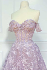 Lilac Floral Lace Off-the-Shoulder A-Line Prom Dress