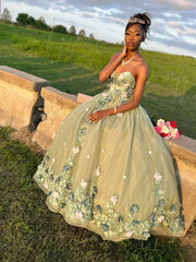 Retro Green Sweetheart Applique Sweet 16 Quinceanera A-Line Tulle Floor-length Prom Dress Birthday Dress Evening Dress Ball Gown HZ1024