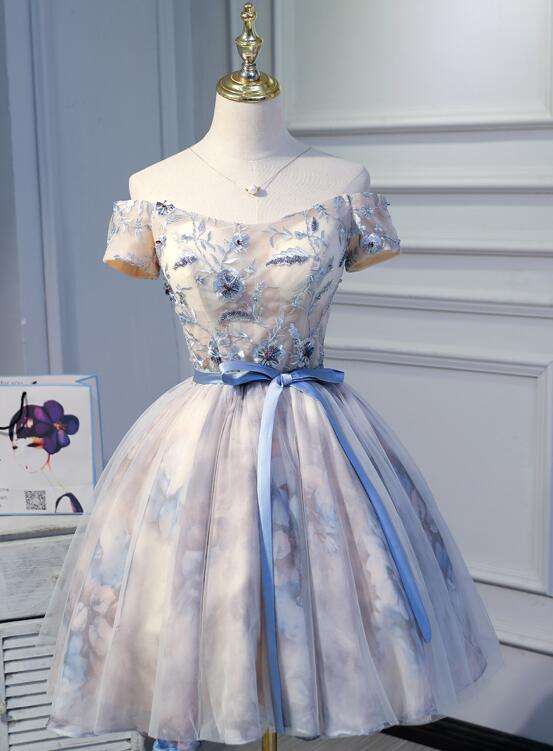 Light Pink Cute Short Tulle with Floral Lace Homecoming Dress, Short Prom Dress Graduation Dress