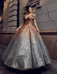 Beautiful Glitter Sequin Ball Gown Golden  Silver Quinceanera Dresses, Sequins Gradient Formal Dress