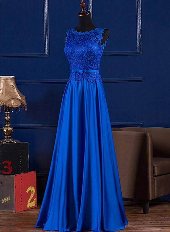 Elegant Blue Satin A-line Long Prom Dress , Bridesmaid Dress for Sale