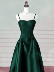 Green Satin Simple A-line Floor Length Party Dress, Green Satin Straps Prom Dress