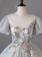 Grey Short Sleeves Tulle Ball Gown Prom Dress, Grey Ball Gown Sweet 16 Dress