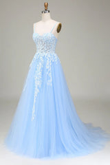 Light Blue Tulle A-line Prom Dress Party Dress with Lace, Light Blue Prom Dress