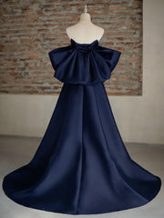 A-Line Sweetheart Neck Satin Dark Blue Long Prom Dress