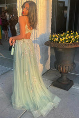 A-line Green Tulle with Lace Applique Party Dress, Green Tulle Prom Dress