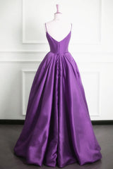 Purple Satin V-neckline Straps Long Prom Dress, Purple Evening Dress Formal Dress