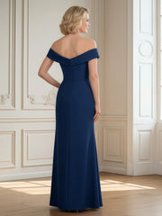 Off-the-Shoulder Pleated Sheath Long Dress With Slit Navy Blue