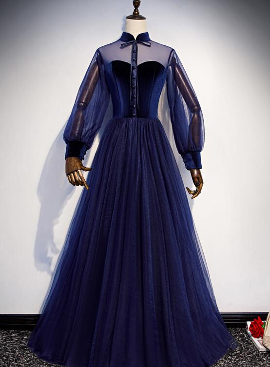 Navy Blue Velvet and Tulle A-line Long Sleeves Prom Dresses, Blue Bridesmaid Dresses