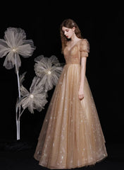 Champagne A-line Tulle Short Sleeves V-neckline Prom Dress, Champagne Party Dress