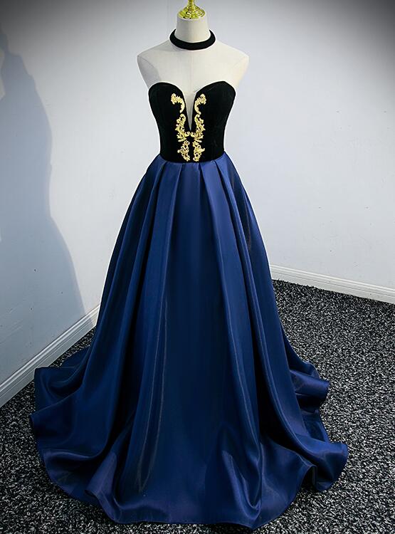 Beautiful Navy Blue Satin Halter Long Party Dress, Satin with Velvet Prom Dress
