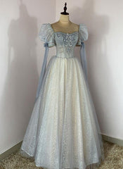 Blue and Champagne Tulle Beaded Shiny Tulle Prom Dresses, A-line Long Party Dresses