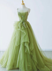 Green Tulle Straps Long Formal Dress, Green Tulle Evening Dress Party Dress