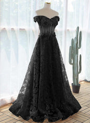 Black A-line Lace Off Shoulder Tulle with Lace Prom Dress, Black Long Evening Dress