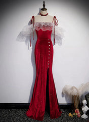Beautiful Wine Red Velvet Mermaid Long Party Dress, Wine Red Prom Dress