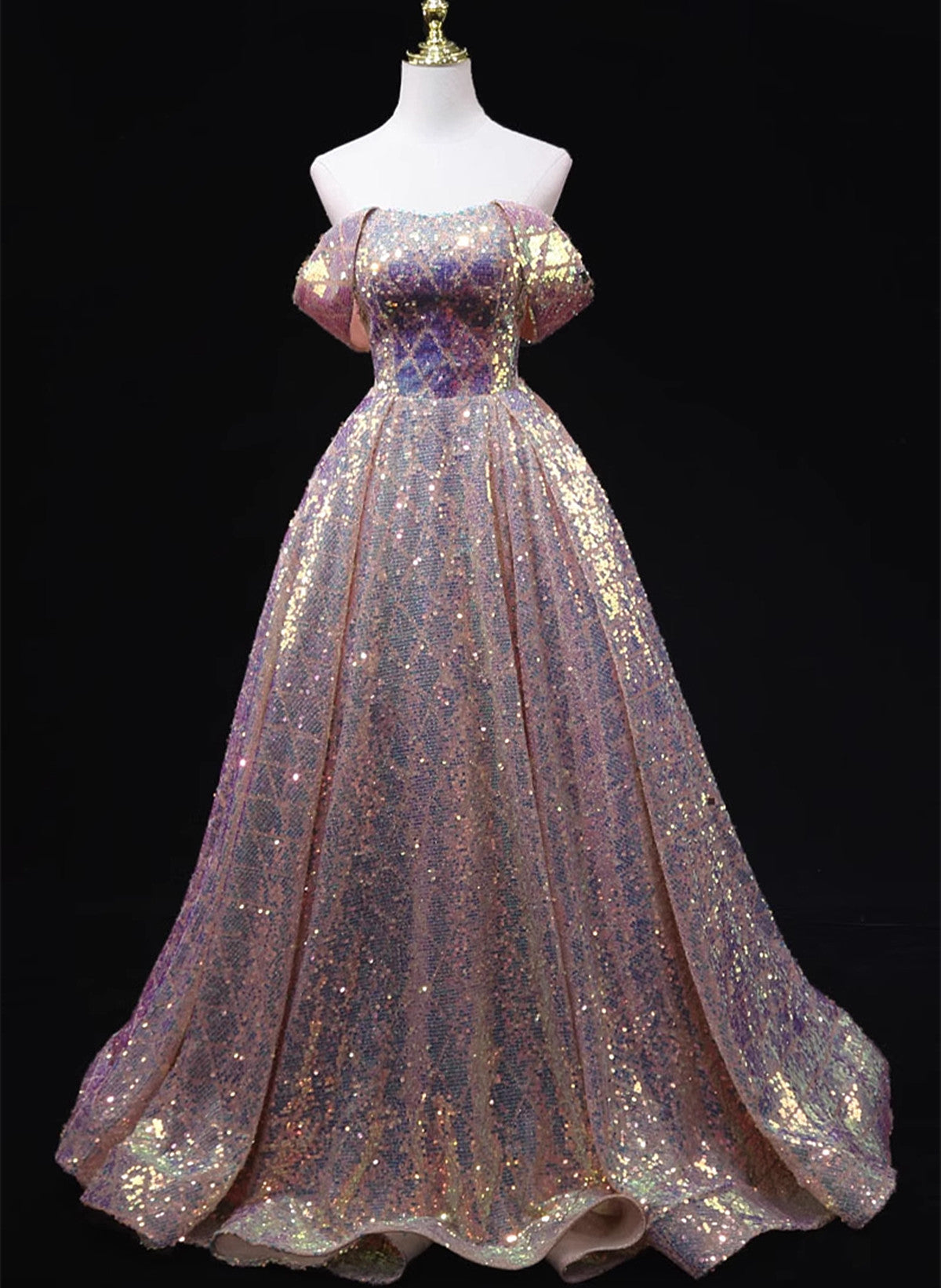 Pink Sequins Off Shoulder A-line Long Prom Dress, Sequins Evening Dress