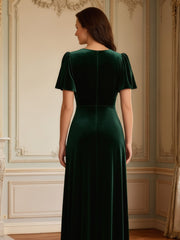 A-Line Flutter Sleeves V-neck Velvet Floor-length Dress Dark Green