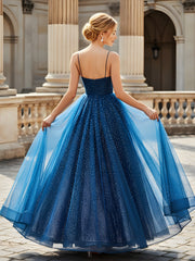 Stardust Tulle A-Line Gown with Spaghetti Straps Dark Navy