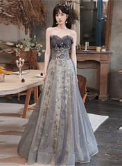 Grey Sweetheart A-line Tulle with Lace Applique Party Dress, Grey Long Formal Dress