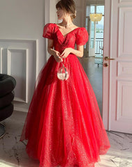 Red Shiny Tulle Short Sleeves Long A-line Prom Dress, Red Wedding Party Dress