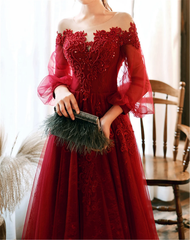 Wine Red Prom Dress Lace Evening Dress Party Dress, A-line Wine Red Formal Dress