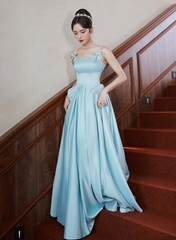 Light Blue Satin A-line Long Straps Beaded Formal Dress, Blue Long Evening Dress