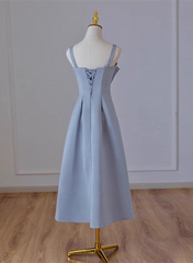 Grey Blue Tea Length Satin Straps Formal Dress, A-line Wedding Party Dress
