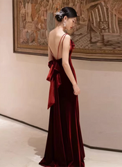 Wine Red Velvet Straps Low Back Long Wedding Party Dress, Wine Red Prom Dress Formal Dress
