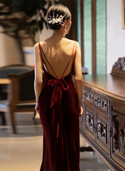Wine Red Velvet Straps Low Back Long Wedding Party Dress, Wine Red Prom Dress Formal Dress