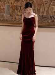 Wine Red Velvet Straps Low Back Long Wedding Party Dress, Wine Red Prom Dress Formal Dress