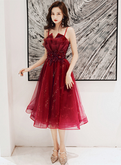 Wine Red Shiny Tulle Straps Short Homecoming Dress, Wine Red Tulle Short Prom Dress