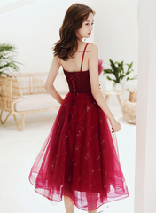 Wine Red Shiny Tulle Straps Short Homecoming Dress, Wine Red Tulle Short Prom Dress