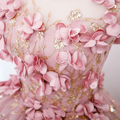 Pink Flowers Round Neckline Floor Length Sweet 16 Dress, Pink Long Formal Dress