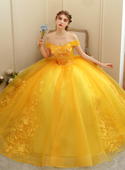 Yellow Off Shoulder Ball Gown Tulle with Lace Sweet 16 Dress, Yellow Formal Dress