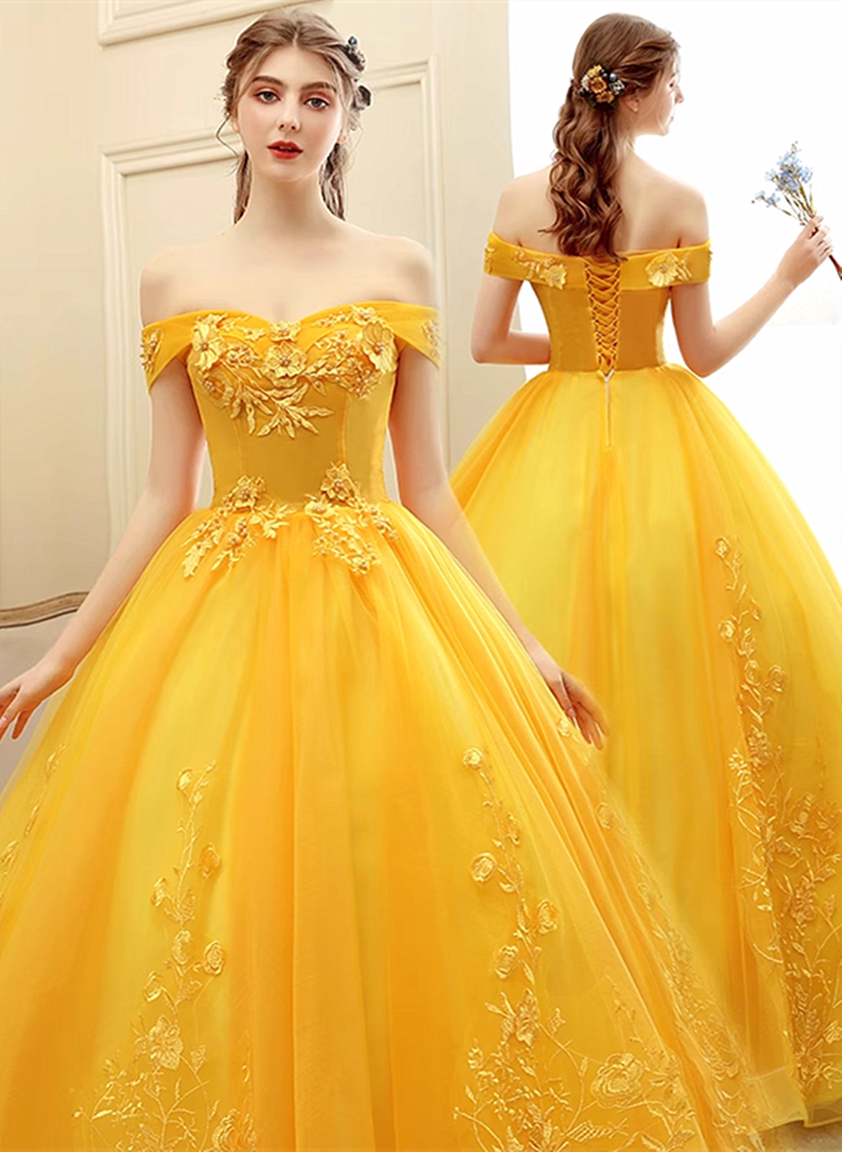 Yellow Off Shoulder Ball Gown Tulle with Lace Sweet 16 Dress, Yellow Formal Dress