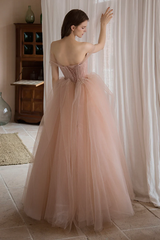 Off Shoulder Pink Tulle Long Formal Dress, A-line Princess Prom Dress Evening Dress