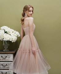 Cute Tea Length Tulle Straps Party Dress, A-line Tulle Formal Dress Evening Dress