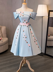Blue Satin Short Party Dress with Flowers, Blue Knee Length Homecoming Dress