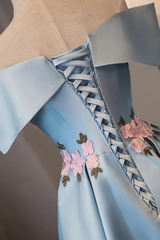 Blue Satin Short Party Dress with Flowers, Blue Knee Length Homecoming Dress