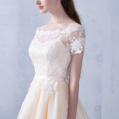 Champagne A-line Tulle with Lace Short Party Dress, Champagne Homecoming Dress