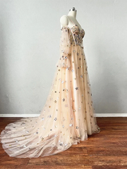 Champagne Puffy Sleeves Tulle Long Evening Dress, Champagne Party Dress Prom Dress