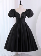 Black Satin Short Sleeves Prom Dress Party Dress, Black Homecoming Dress