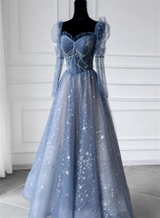 Blue Beaded Long Sleeves A-line Tulle Prom Dress, Blue Floor Length Party Dress