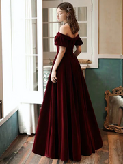 Wine Red Velvet Off Shoulder Simple Long Party Dress, Velvet Bridesmaid Dress