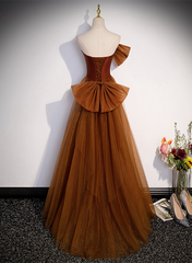 Brown Tulle and Satin Mermaid Long Party Dress, Long Formal Dress Prom Dress