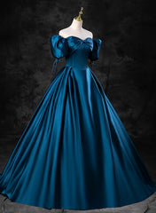 Blue Satin Short Sleeves Sweetheart Long Party Dress, Blue A-line Prom Dress Evening Dress