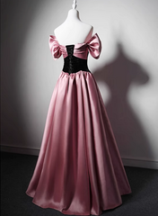 Off Shoulder Satin Scoop A-line Long Party Dress, Pink and Black Prom Dress Evening Dress